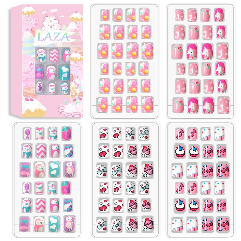 Laza 120pcs Children Nails Girls Press On Artificial Nail Tips Pre-glue Full Cover Short Cute False Nail Kits Lovely Christmas Gift for Children Kids Little Girl Nail Art Decoration - Fairy Kingdom - Image 1